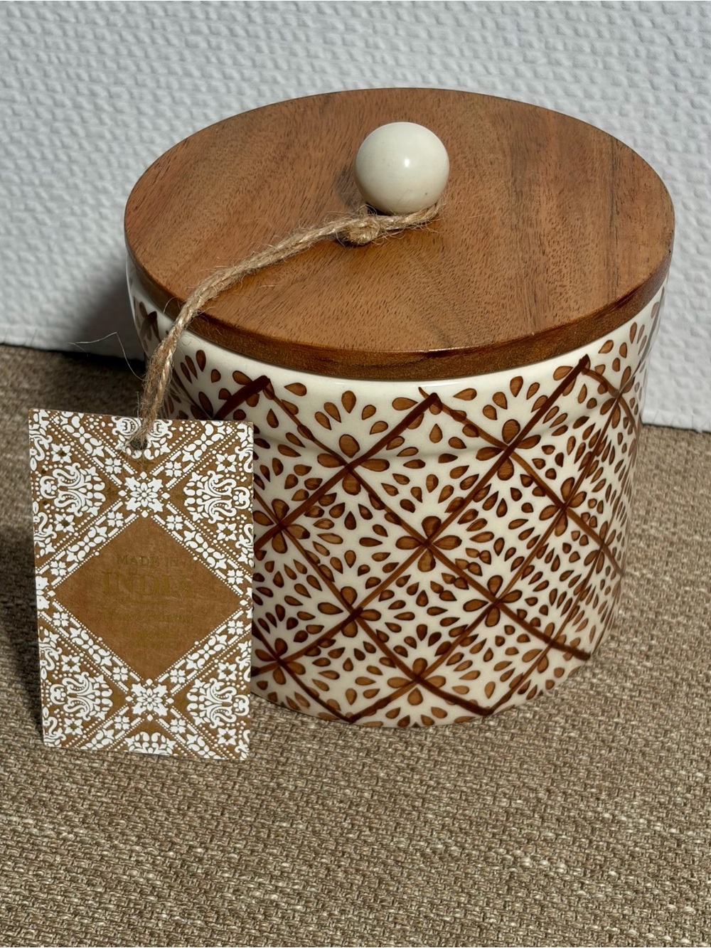 Ceramic Jar with Wood Lid - Hand-Painted Brown & Cream - Picture 2 of 8